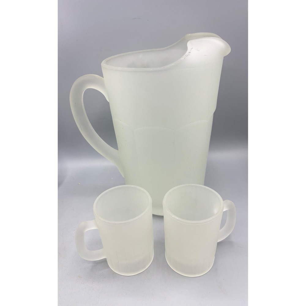 Vtg Tiara Indiana Frosted Glass Pitcher 2 Mug Set White Satin‎ Glass Tankard